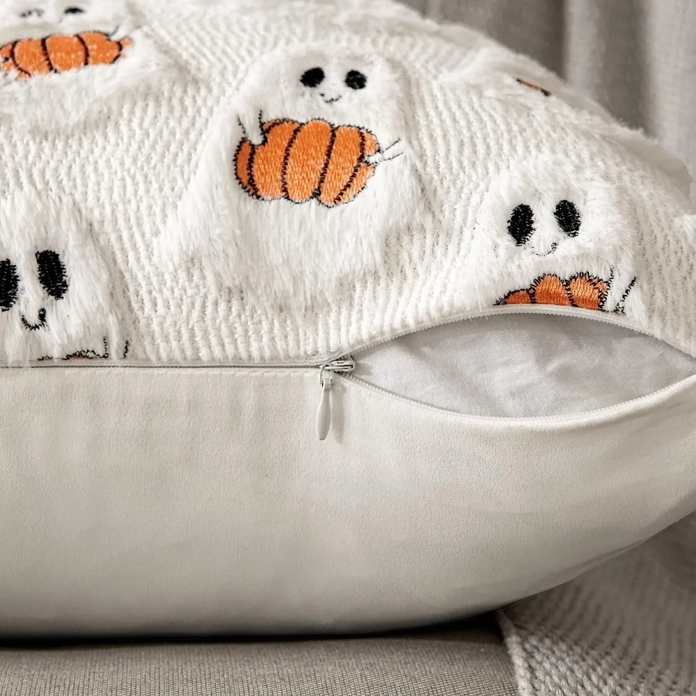 Soft Ghost with Pumpkin Throw Pillow Cover Black Bat Square Fall Pillowcase 45X45CM Washable Pillow Case Halloween Decor