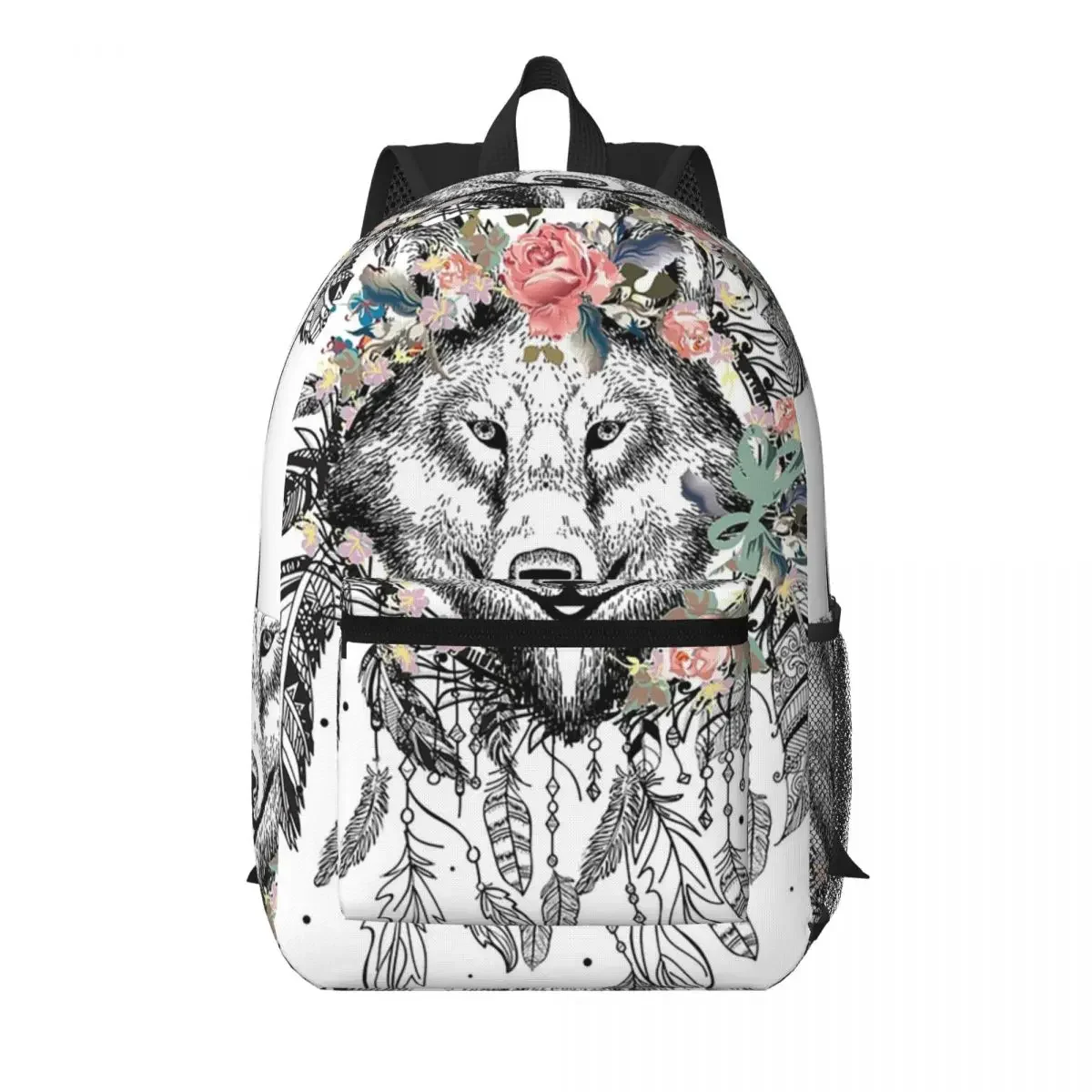 Black White Wolf Surrounded By Flowers Student Backpack School Bag Hiking Travel Daypack for Men Women Bookbag Shoulder Bags