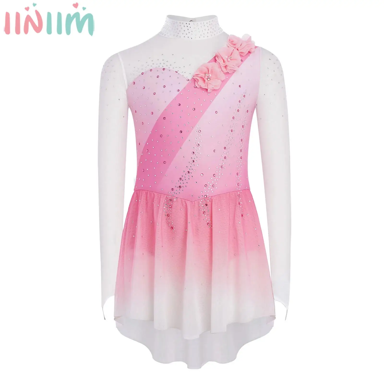 Children Girls Figure Ice Skating Gymnastics Dress Shiny Rhinestone Applique Sheer Mesh Leotard Tutu for Ballet Dance Acrobatics