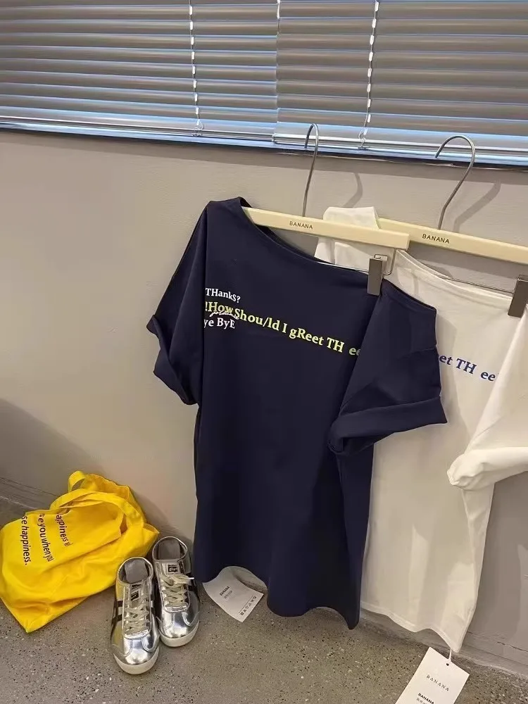 

Большие размеры 300, свободный американский свободный топ с буквенным принтом и косым воротником-стойкой, ort Sve T irt, женский летний новый топ