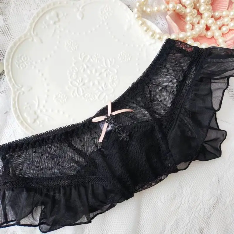 Women Cute Lovely Sweety Lolita Princess Style Sexy Lace Transparent Dot Underwear Mesh Ruffles Breathable Panties Breifs