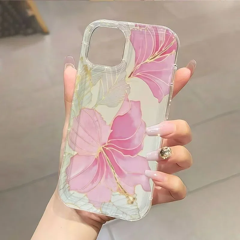 

Pink Flower Airbag Shell Phone Case For IPhone 16 16E 15 14 13 12 11 Pro XS Max 7 8 Plus X XS XR Simple Cover Case Funda Bumber