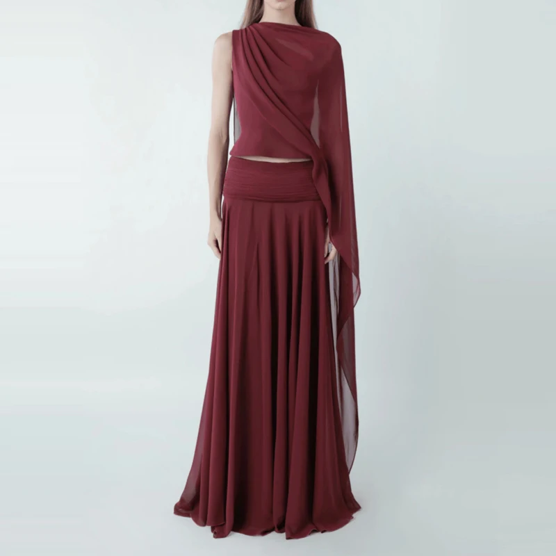 

Sexy Hollow Out Pleated Solid Vacation Outfits Spring Summer Chiffon Two Piece Set Women's O-neck Top and Long Skirt Party Suit