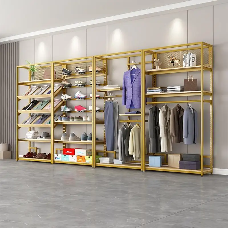 Personalizzato. Espositore per abbigliamento Appendiabiti a doppio strato Negozio di abbigliamento da donna per uomo Scaffale combinato per appendere vestiti in ferro dorato