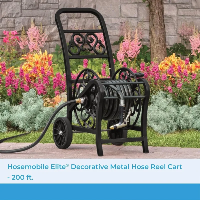 MDHC200 Metal Decorative Flat-Free Wheels and Foot Caps Stylish Garden Reel Cart for 200' of Standard Vinyl Hose, 200 Feet,