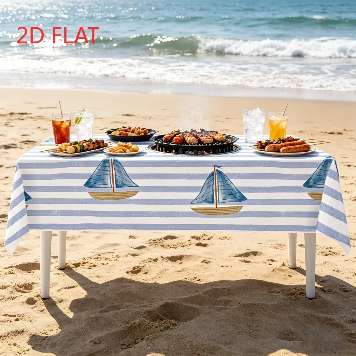Tablecloth 1 piece 2d flat with blue and white striped sailboat pattern, a refreshing seaside style, yzb