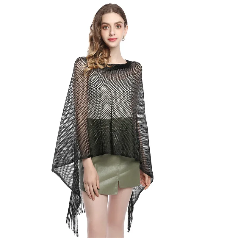 Summer Hollowed Out Tassel Shawl NEW Pullover Rayon Shawl Women Cloak Shawl Wear Sunscreen Clothes Outside Black