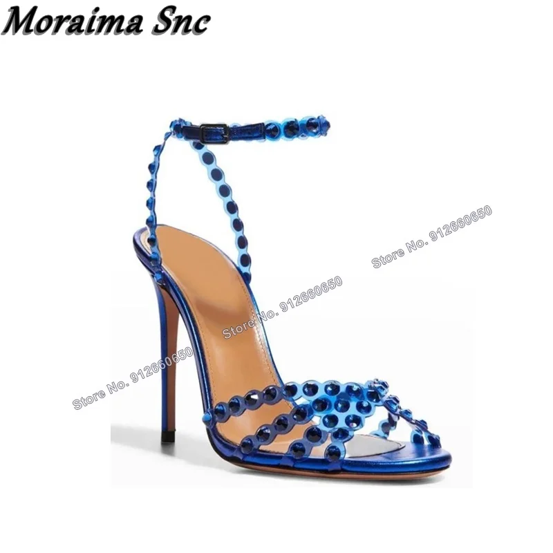 

Moraima Snc Deep Blue Clear PVC Crystal Sandals Peep Toe Ankle Buckle Thin High Heels Sandals Woman Summer Stilettos Shoes On He