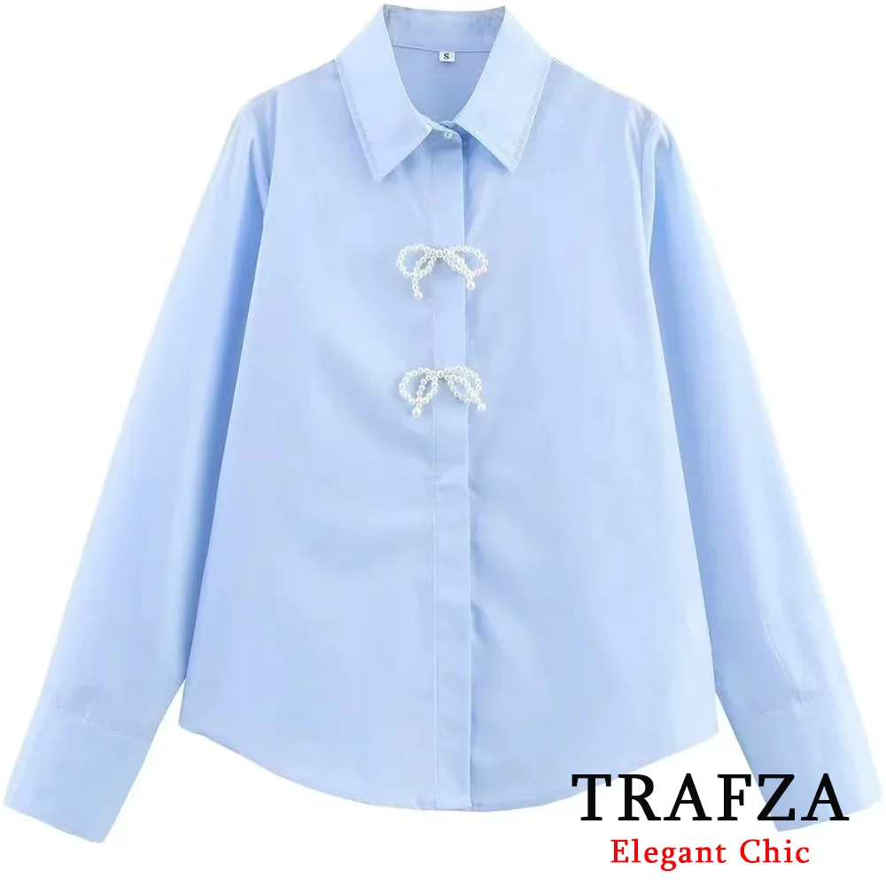 

TRAFZA Women Elegant Blue Shirts with Artificial Jewelry Commuter Casual Shirt New 2025 Spring Summer Fashion Holiday Blouse Top