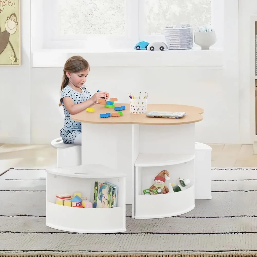 Juego de mesa y silla para niños pequeños con 4 taburetes de almacenamiento, mesa de diseño de anidación en forma de flor con portalápices incorporado, mesa para niños