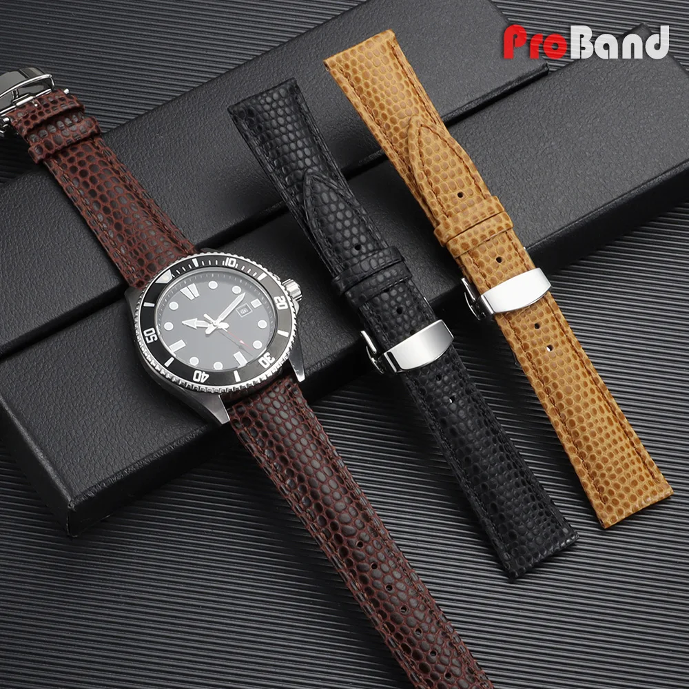 

16mm 18mm 20mm 22mm Lizard Pattern Straps Luxury Genuine Leather Wristband Automatic Buckle Men Watch Band Yellow Brown Bracelet