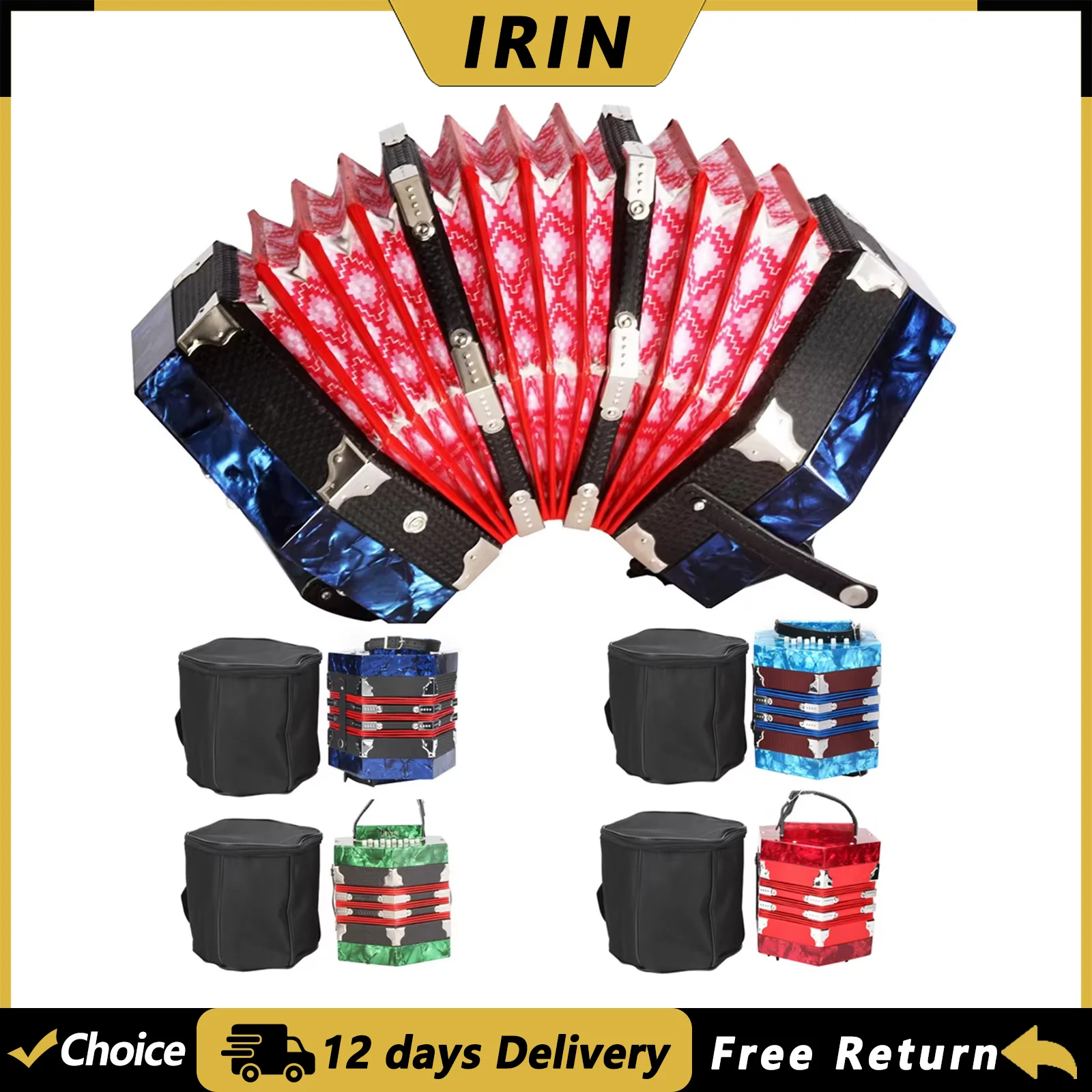 IRIN Concertina Accordion 20-Button Hexagon Accordion with Carrying Bag Adult Primary Professional Playing Hexagon Accordion