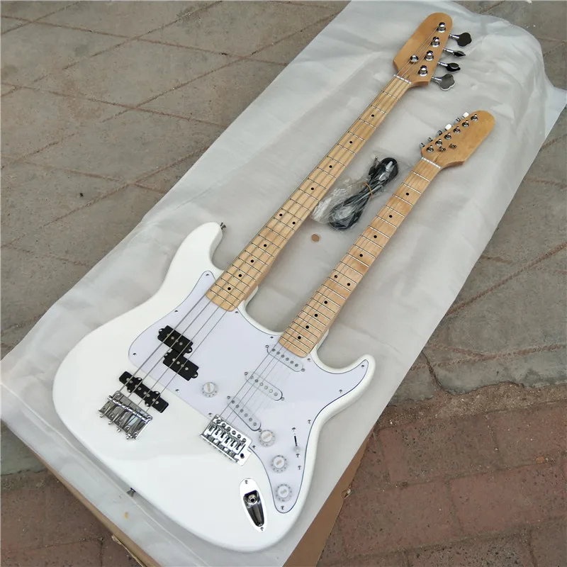 White Double Necks Electric Guitar,4 Strings Bass Upper&6 Strings Guitar Lower Mahogany Body&Maple Fingerboard BJ629