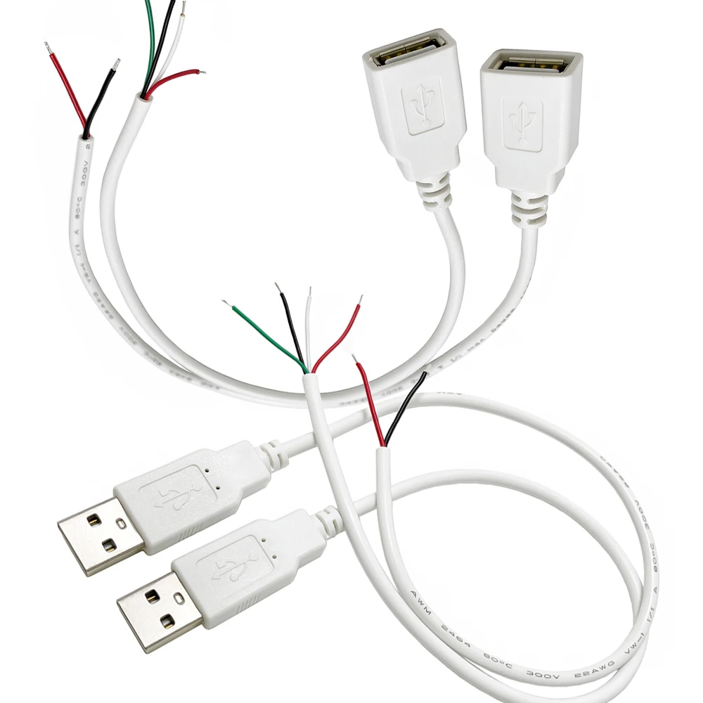 30cm White USB Pigtail Cable 2 Pin USB 2.0 A Female Male 4 Pin Wire Jack Charger Charging Cord Power Extension Connector DIY