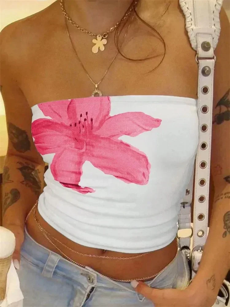 

DGTQYQ Women's Floral Printed Tube Top Summer Sexy Off the Shoulder Crop Streetwear Strapless Backless Slim Top Y2k party outfit