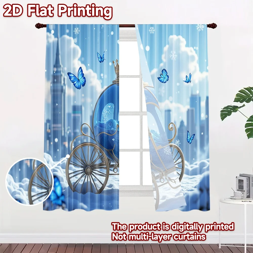 2D flat 2pcs Curtain French Romantic Style Winter Blue Butterfly Carriage Durable polyester fiber Festive Wall Decor Perfect for