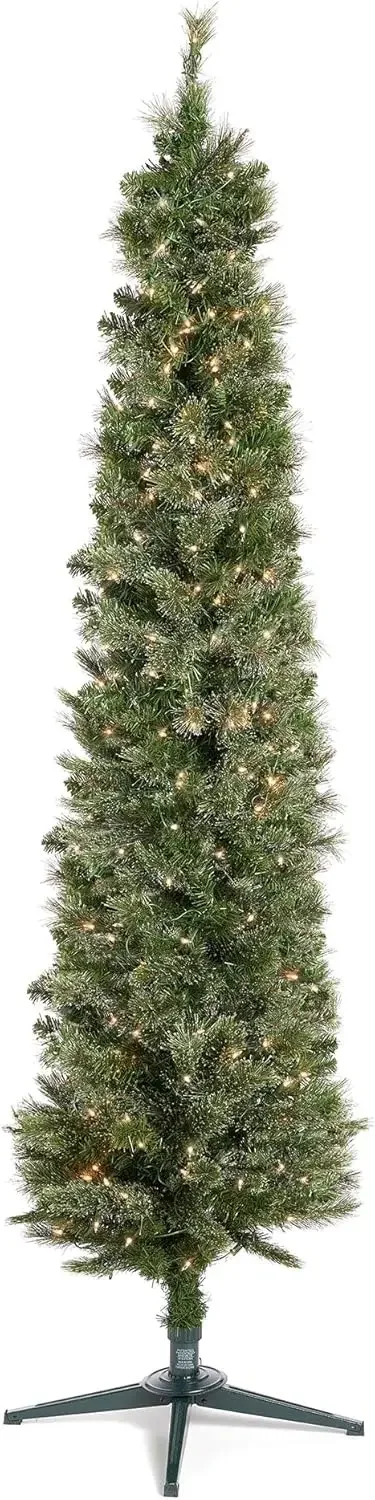 7 Foot Skinny Pencil Pine Pre-Lit Artificial Christmas Tree Holiday Decor with 350 White Clear Lights and Stand, Green