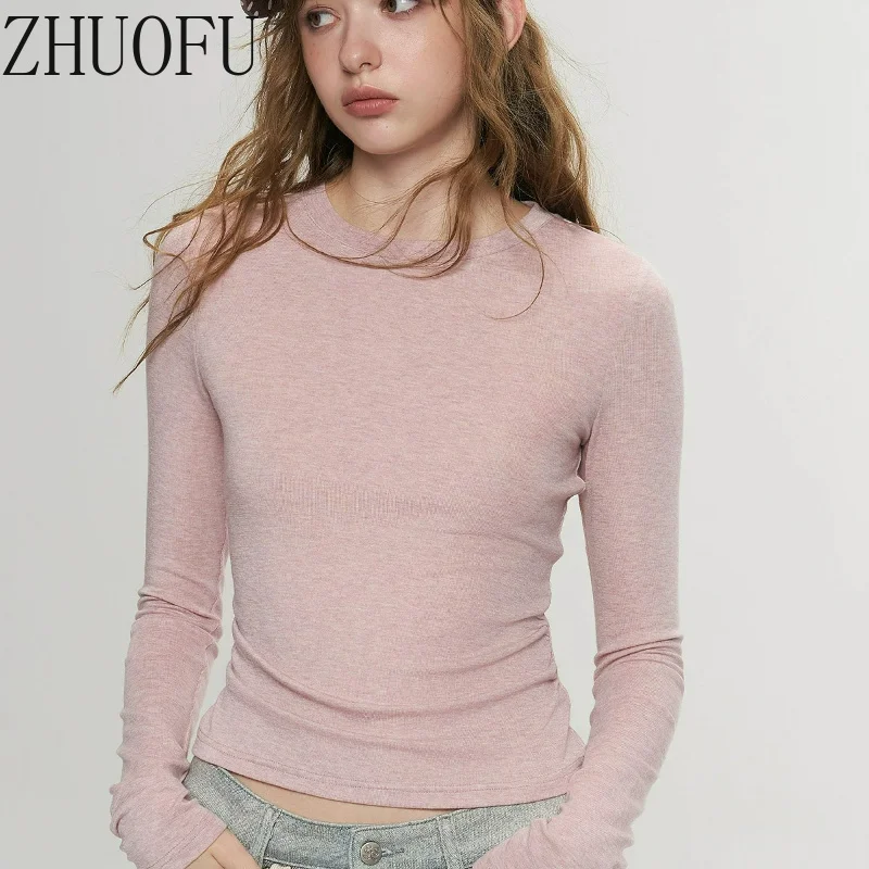 Solid Color Women's Long-sleeved T-shirt 2026 Autumn New Casual Style Slim-fit Thin Crew Neck Versatile Bottoming Shirt Ladies