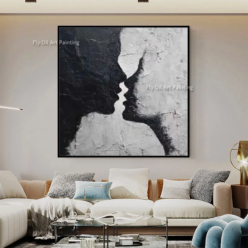 Special Black And Gray Abstract Couple Kiss Canvas Artwork Large Handpainted Black White Women Face Oil Painting For Bedroom