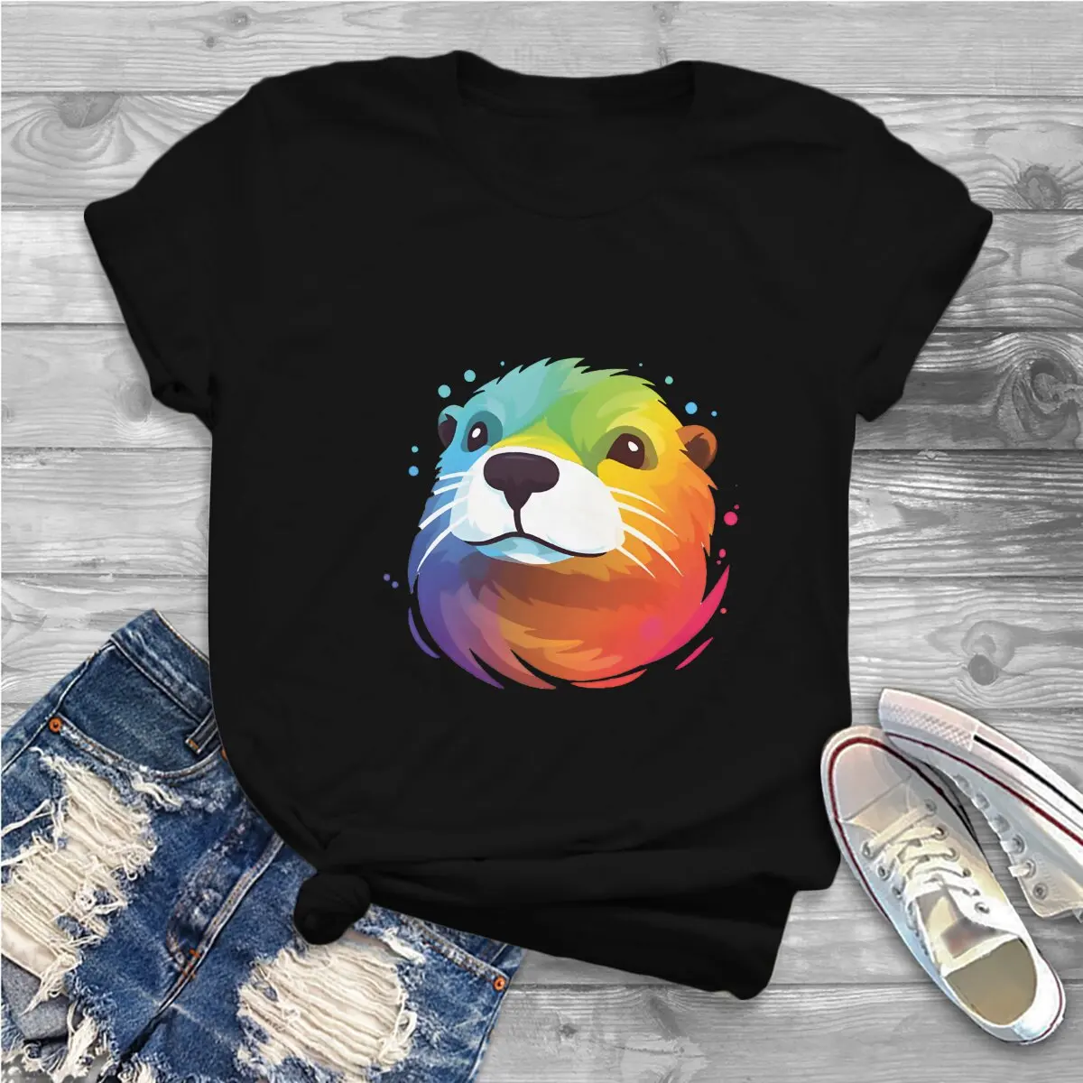 Regenboog Beestjes Grafisch Polyester T-Shirt Otter Stijl Streetwear Casual T-Shirt Vrouwen