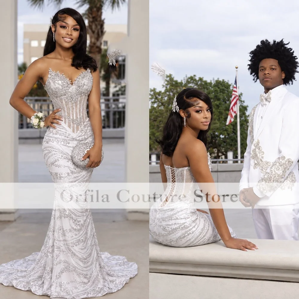 Glitter White Prom Dresses Girls Sweetheart Mermaid Evening Gowns Sparkly Wedding Party Dress Customized