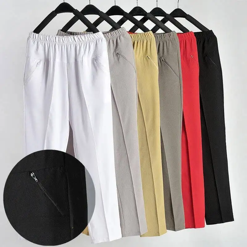 

Middle-aged Women Pants Casual Loose High Elastic Waist Cropped Pants 2025 Spring Summer Solid Straight Pants Female Trousers