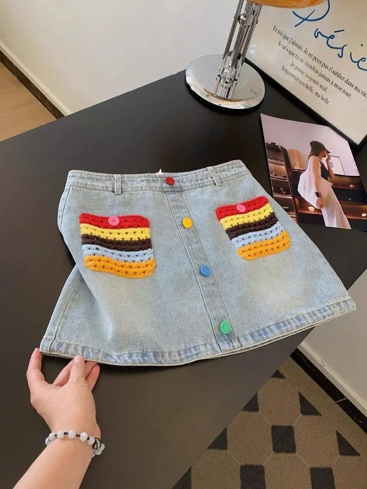 Summer Women High Waist Denim Skirts 2026 New Vintage Spliced Pockets Design A-Line Skirt Korean Fashion Versatile Jean Skirts