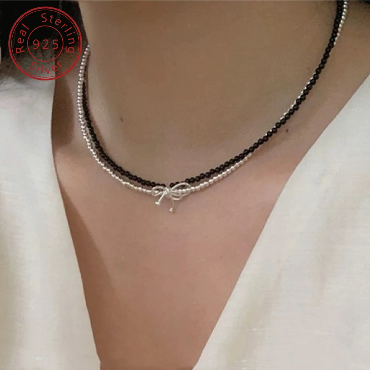 925 silver natural black agate bow black and white double-layer necklace, Korean style collocation, niche design style