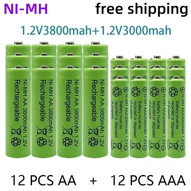 

New 1.2V rechargeable battery 100% genuine 1.2V AA 3800mAh+AAA 3000mAh rechargeable battery NI-MH battery free shipping