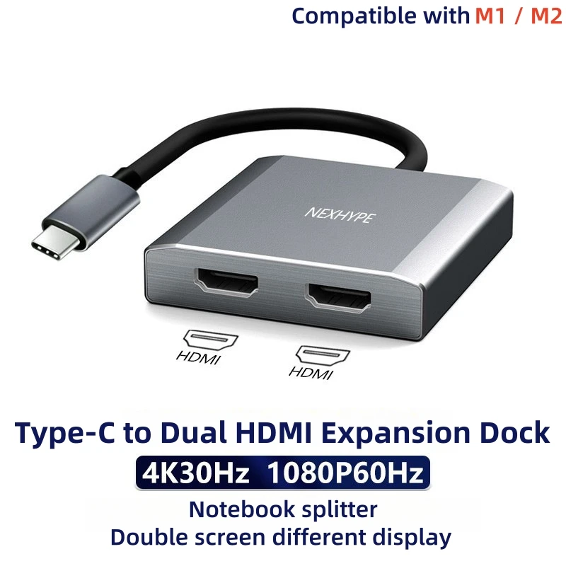 Imagem -01 - Usb c para Dual Hdmi Extension Dock 4k Hub Laptop tipo c Display Externo para Lenovo Thinkpad hp Dell Xps m1 m2 Macbook Mac os usb c para dual hdmi extension dock 4k hub laptop tipo c display externo para lenovo thinkpad hp dell xps m1 m2 macbook mac os 01