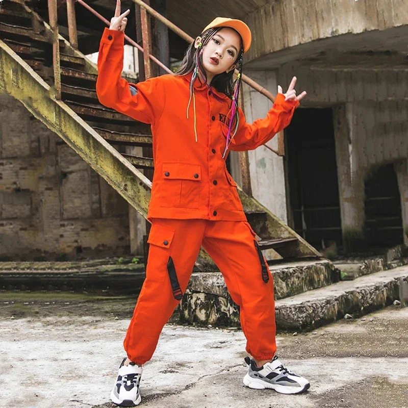 Boys Street Dance Jacket Orange Cargo Pants Girls Hip Hop Shirt Clothes Sets Children Joggers Kids Streetwear Jazz Coat Costumes