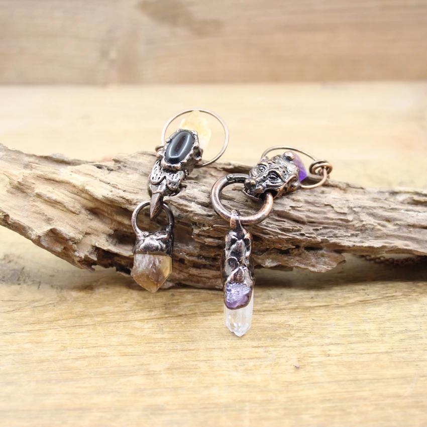 Antique Copper Soldered Totem Pendants Raw Amethyets Citrines Healing Crystal Vintage Bronze Skull Necklace Boho Jewelry,QC3289