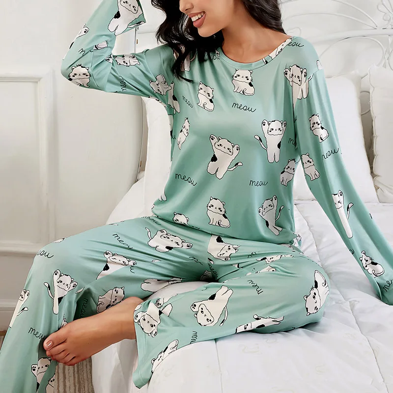 Set pigiama primaverile per donna pigiama morbido e confortevole Cute Cat Printed Sleepwear top a maniche lunghe con pantaloni Lady Pjs Set