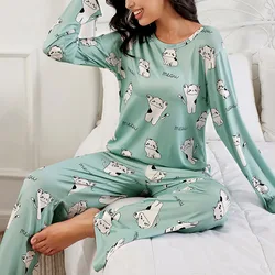 Set pigiama primaverile per donna pigiama morbido e confortevole Cute Cat Printed Sleepwear top a maniche lunghe con pantaloni Lady Pjs Set