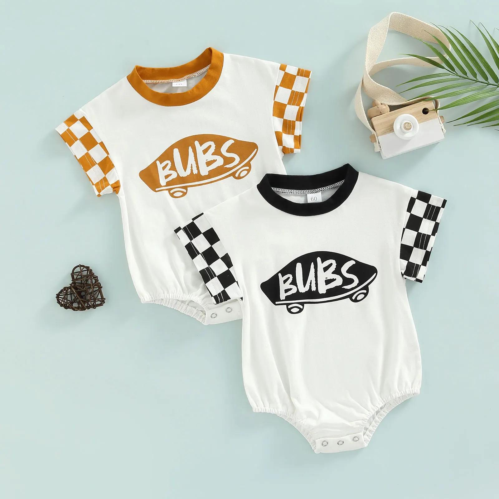 2022-05-07 Lioraitiin 0-18M Infant Baby Girl Boy Romper Plaid Short Sleeve Round Neck Cartoon Pattern Letter Print Jumpsuit