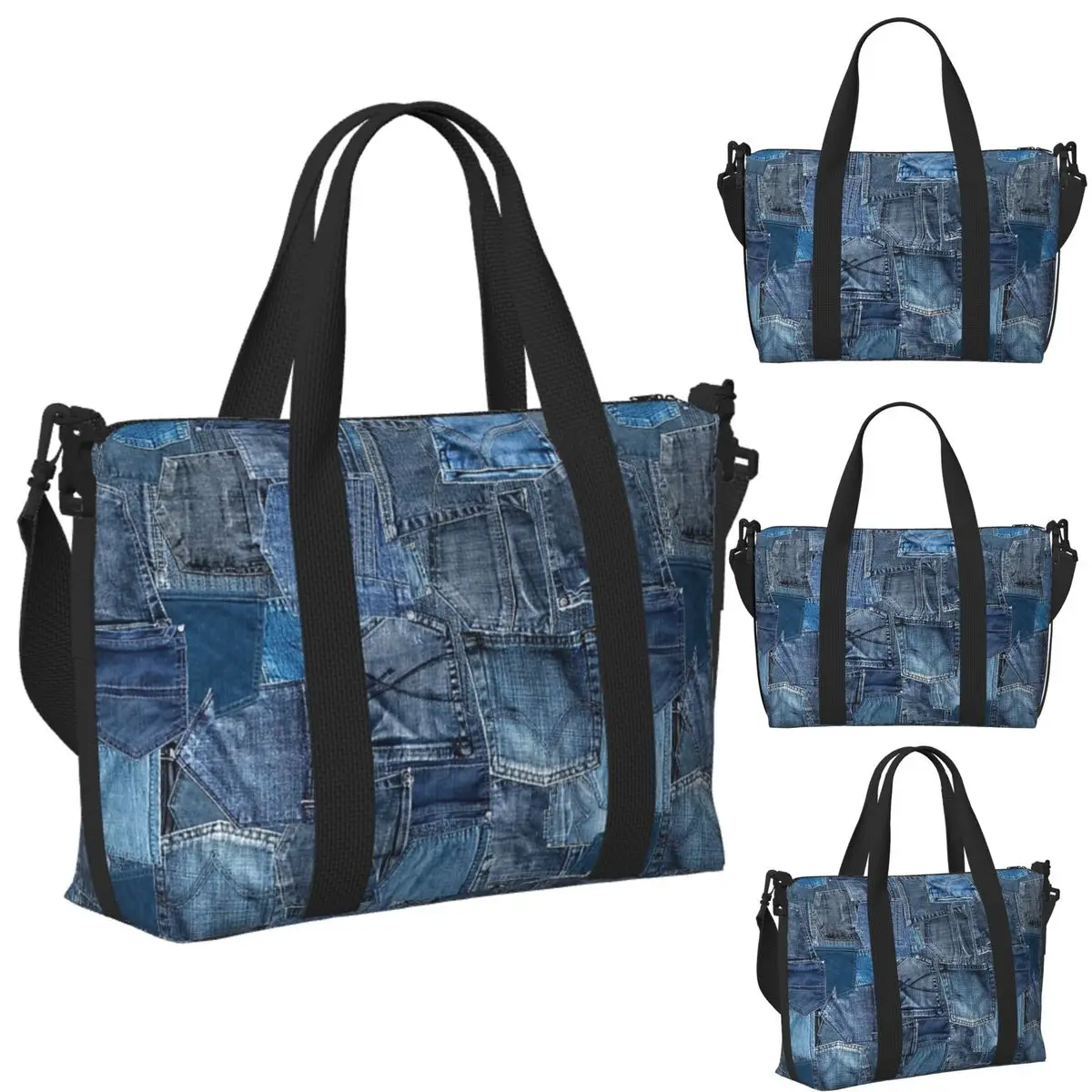 

Blue Denim Jeans Pocket Patchwork Beach Travel Bag Large Capacity Tote Bags for Gym Sport Women Shopping Duffle Shoulder Bag