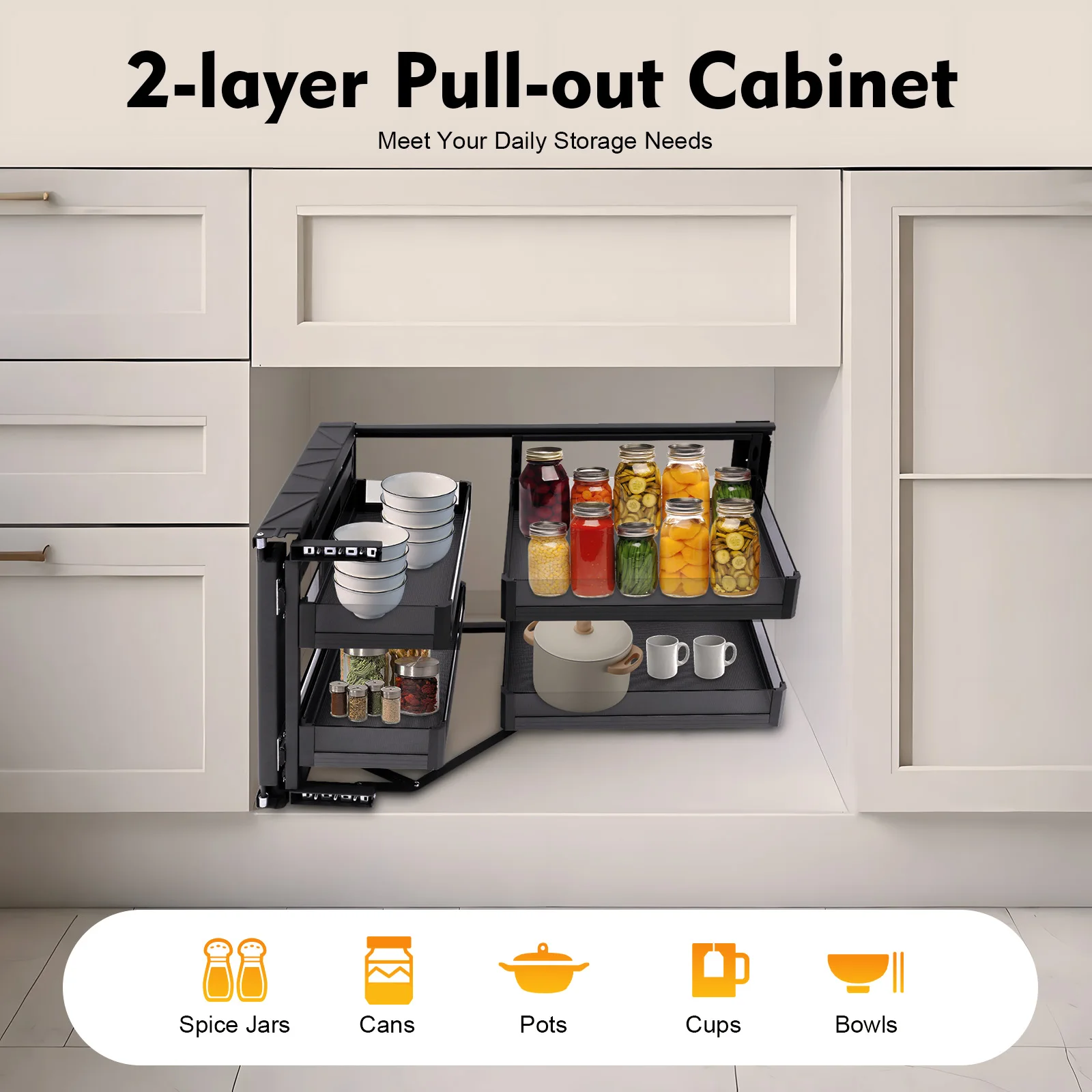 

14 In Full Extension Blind Corner Pull Out, Cabinet Organizer Swing Out Tray, 2 Tier Magic Corner Lazy Susan Storage Solution