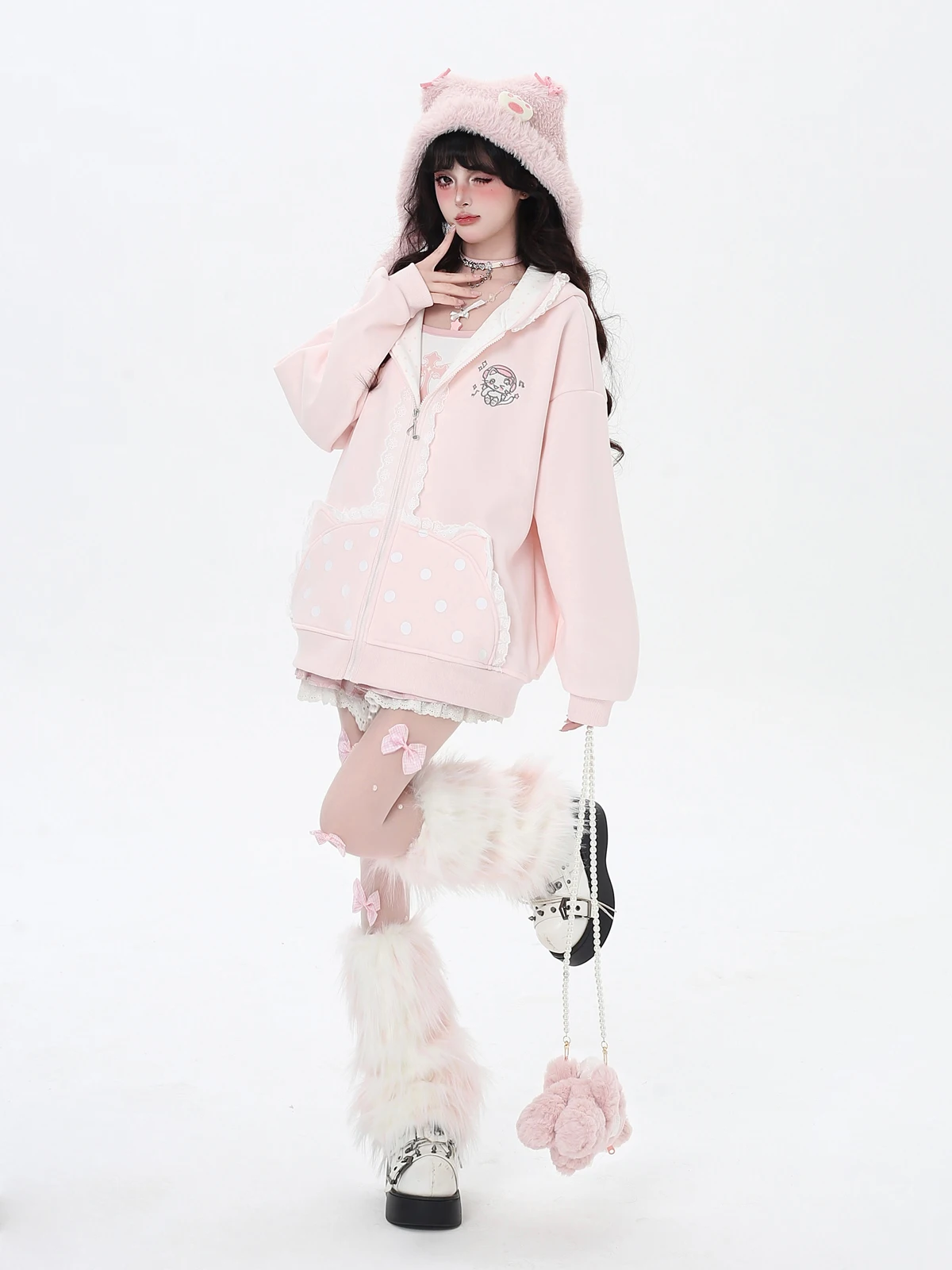 Cartoon Cat Embroidered Lace Patchwork Pocket Sweet Cute Bow Hooded Loose Casual Fleeced Sweatshirt Jacket for Women Autumn