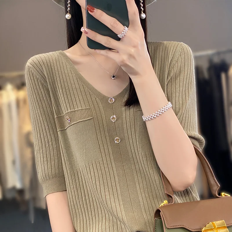 تي شيرت نسائي فضفاض لصيف 2025 من الحرير الجليدي ort Sve تي شيرت محبوك من القطن والكتان الرقيق متعدد الاستخدامات كلاسيكي للتنقل Sle #2