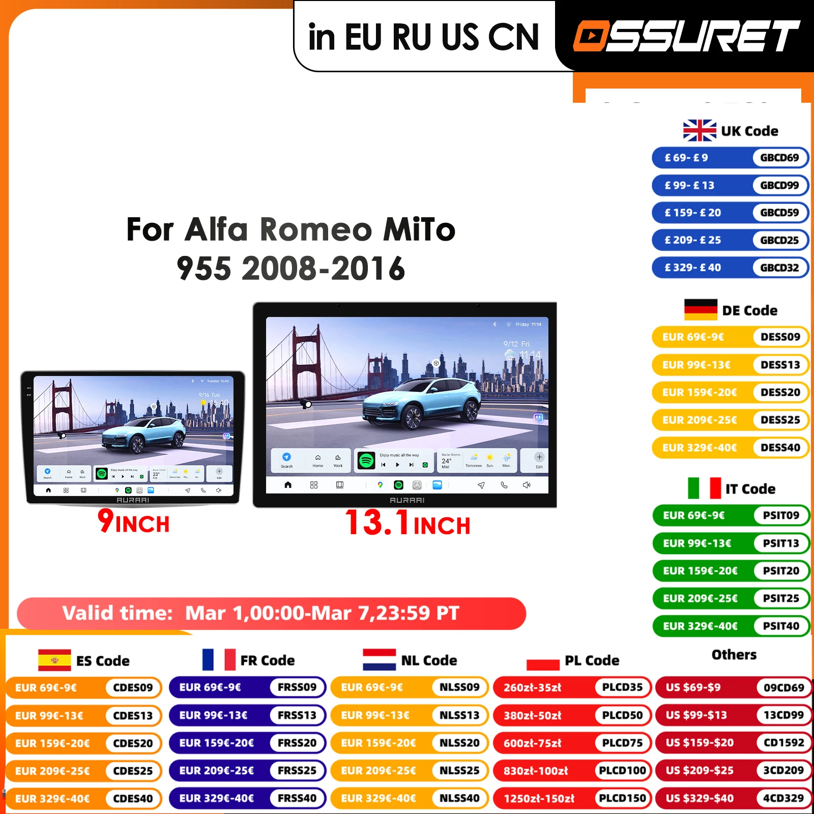 

OSSURET 4G-LTE 360Camera Carplay Android Car Radio For Alfa Romeo MiTo 955 2008-2016 Car Multimedia Player GPS Auto Stereo RDS