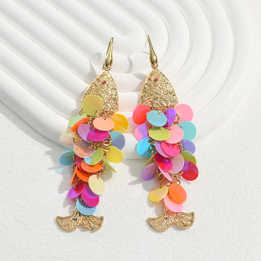 Vintage Colorful Shell Fish-shaped Tassel Drop Earrings for Woman Creative Handmade Fish Scale Long Dangle Earrings Jewelry