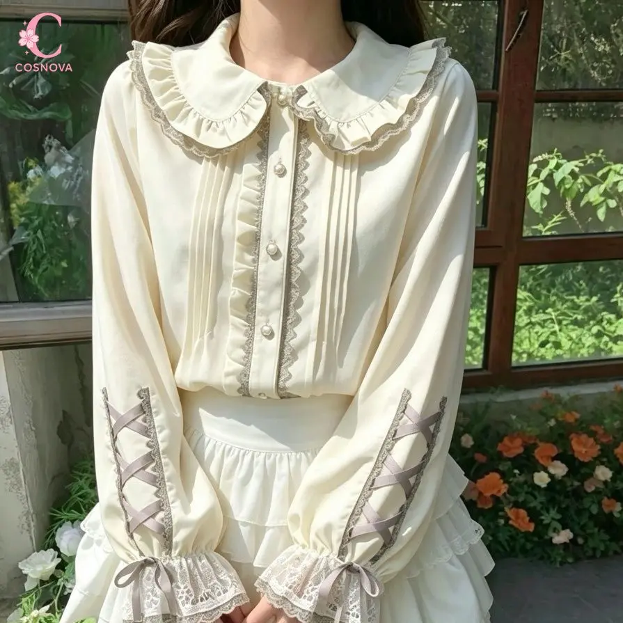 

Spring Summer 2026 Sweet Lolita Long Puff Sleeve Lace Ruffle Blouse Women Peter Pan Collar Bow Cuff Blouse Chic Kawaii Hot Daily