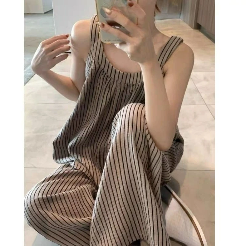 

Suspender Pajamas Women's Summer Trousers Korean Version Temperament Simple Casual Striped Cloud Cotton Loungewear Two-piece Set