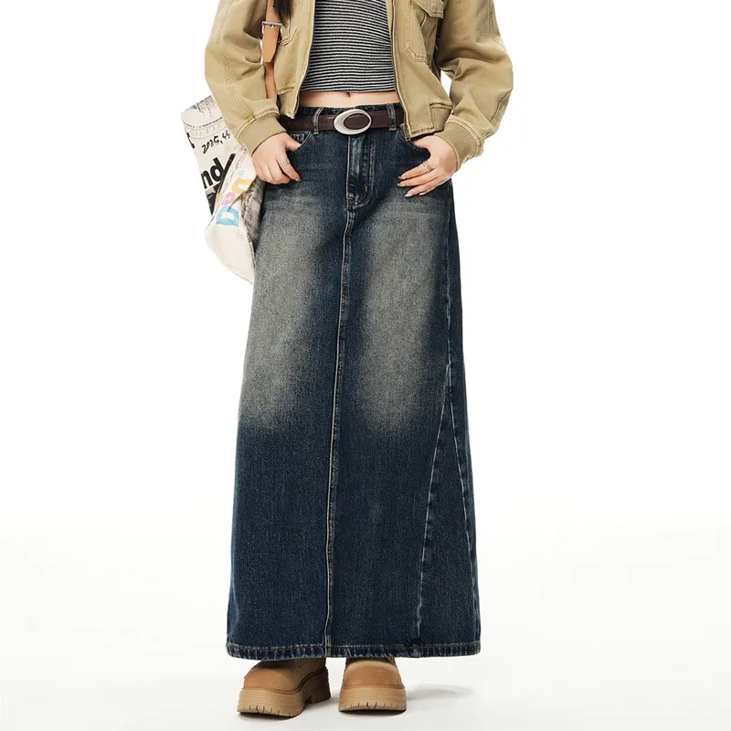 التنانير الطويلة الأمريكية الرجعية عالية الخصر الظهر سبليت الدنيم Harajuk الخريف الشتاء عادية خمر ألف خط الجينز التنانير 2025 Jupe فام #1