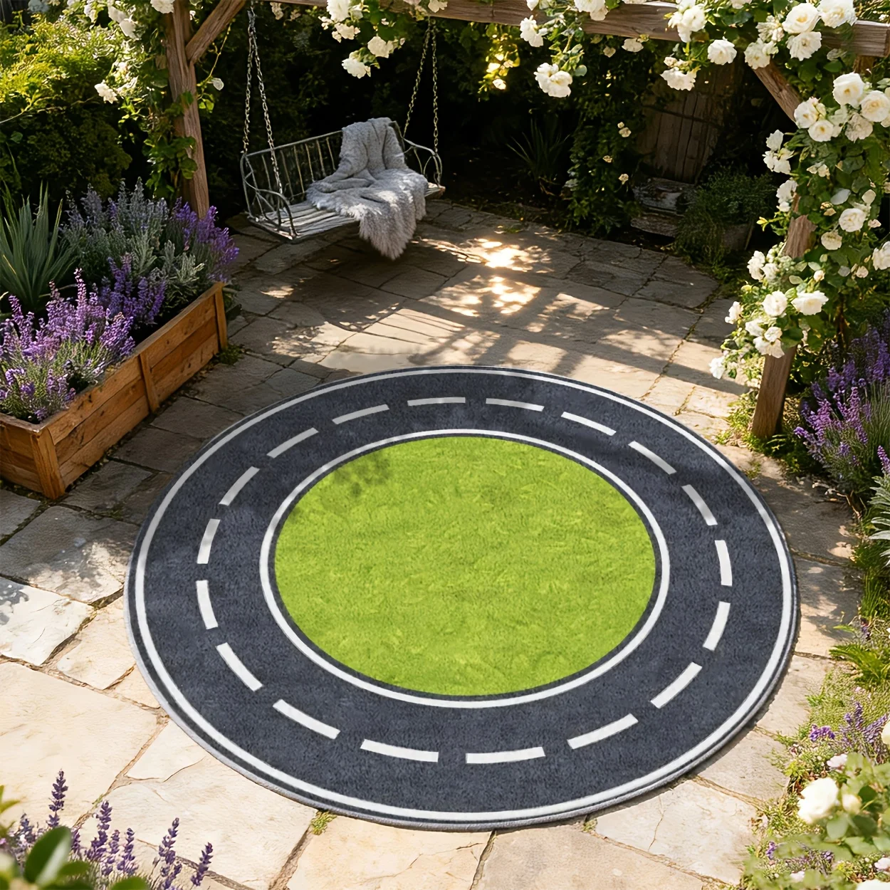 1pc Green‑Grey Circular‑Pattern Printed Round Area Rug, Versatile Outdoor Floor Mat for Balcony, Patio, Garden & Multi‑Scene