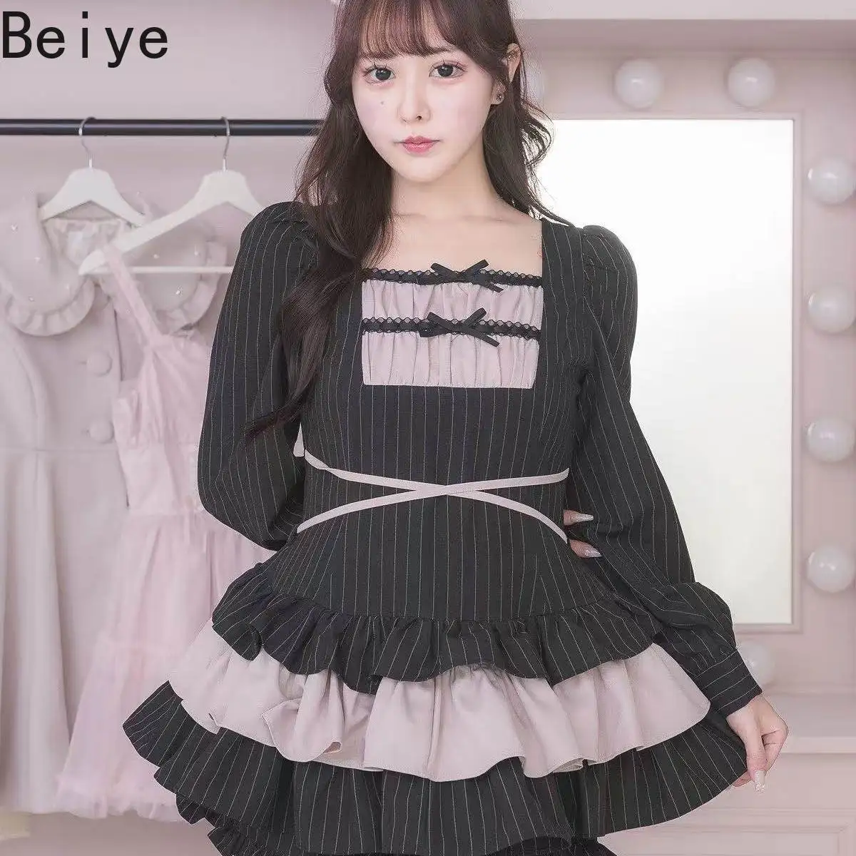 Girl's 2 Piece Sets Japanese Style Lace-up Bow Contrasting Color Plaid Ruffle Cake Puffy Short Sleeve Dress + Culottes Set