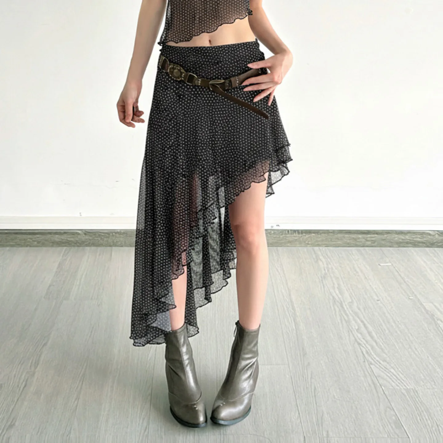 

Retro Polka Dot Vacation Style Irregular Mesh Dress Women's Temperament Low Waist Ruffle Edge Skirt