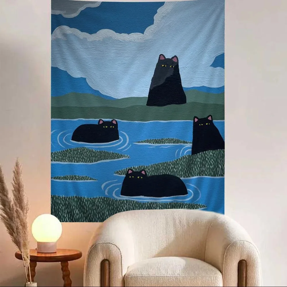 VIKAMA Cute Cat Party Tapestry Double Cat Green Field Flower Bedroom Living Room Pet Theme Decoration