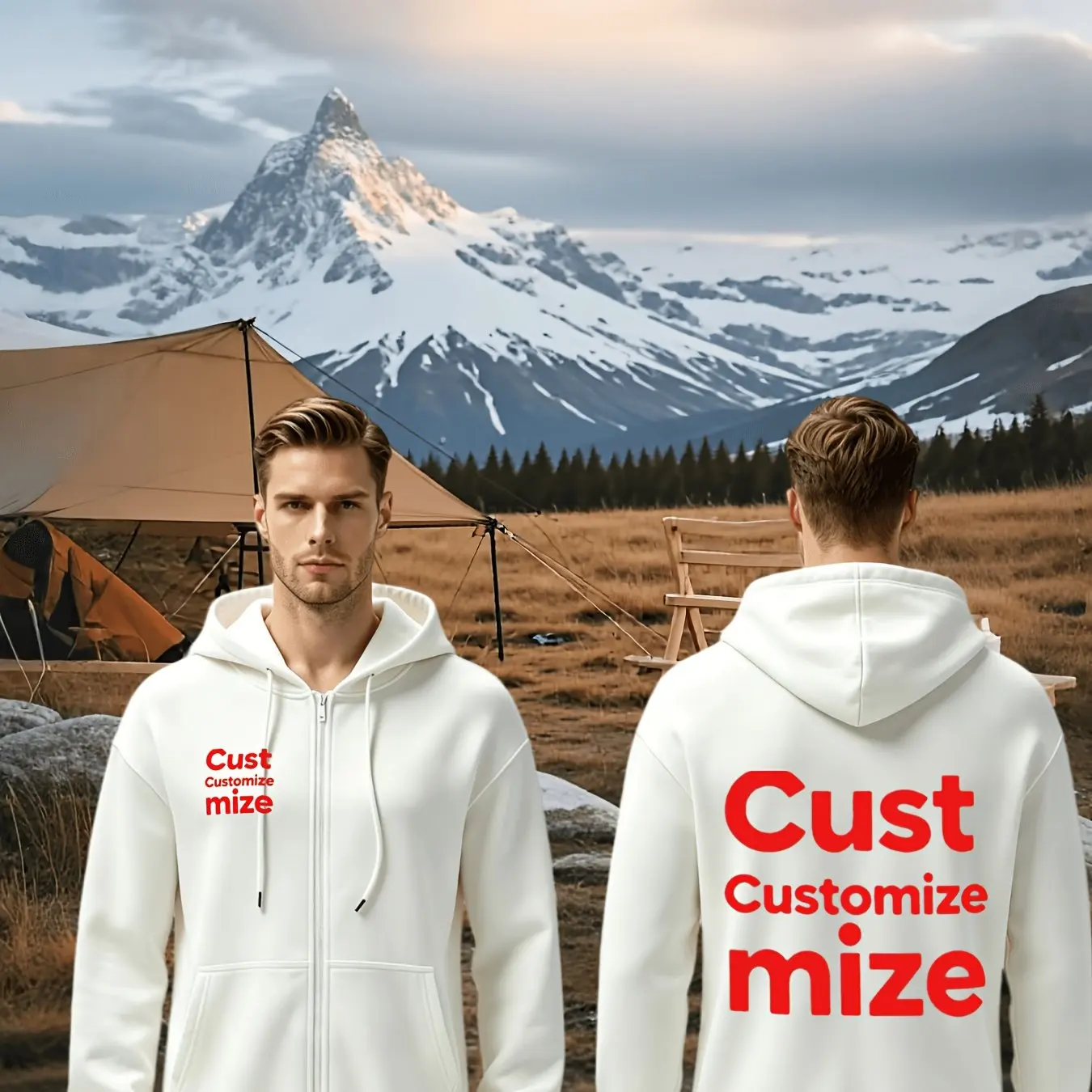 Men's Customized Front-Back Printed Hooded Sweatshirt - Regular Fit Long-Sleeved Sports Zipper Jacket with Personalized Custom
