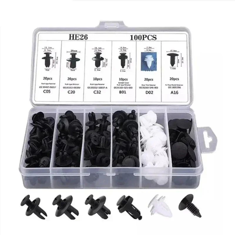 100pcs Boxed Universal Plastic Car Bumper Push-In Retaining Pin Rivet Trim Plate Retaining Buckle Clip Auto Repair Tools